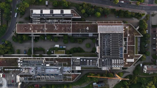 Aerial view of a large scale data center in Dusseldorf, Germany, showing cloud computing, cloud storage, secure servers and digital infrastructure.