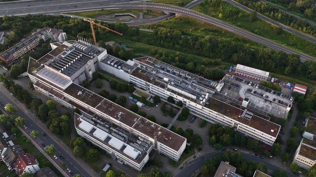 Aerial view of a large scale data center in Dusseldorf, Germany, showing cloud computing, cloud storage, secure servers and digital infrastructure.