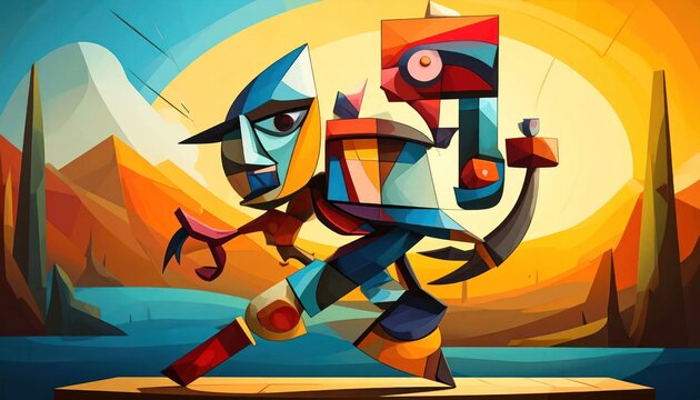 Abstract cubist figure holding torch at sunset landscape.