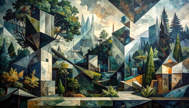 Abstract cubist landscape with geometric trees and buildings.