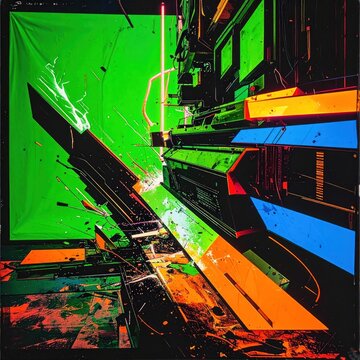 Abstract cyberpunk architecture with neon green and orange.