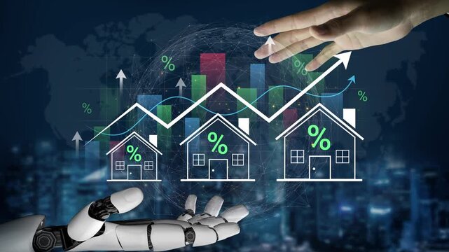 Futuristic concept of automation in real estate investment showing robotic hand and human hand interacting over property icons and financial graphs. Entropy.