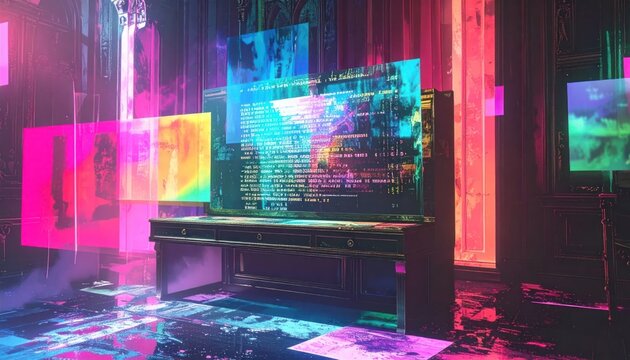 Abstract cyberpunk workspace with glowing holographic screen displays.