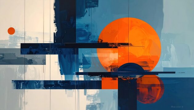 Abstract design with orange circle and blue stripes