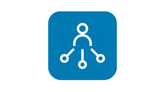Minimalist network user icon on blue square, digital connection symbol for social media, human resource and leadership concept graphic