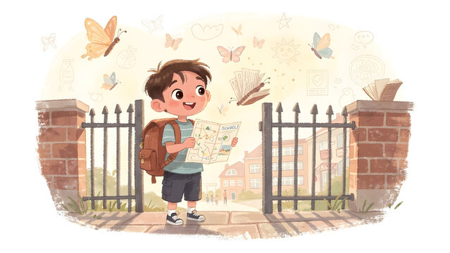 Happy schoolboy with map and backpack standing at open school gates
