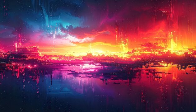 Abstract digital art of vibrant cityscape and neon clouds.