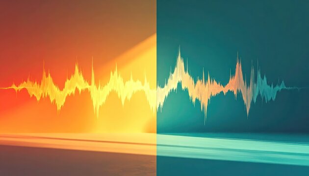 Abstract digital audio sound wave with teal and yellow light.