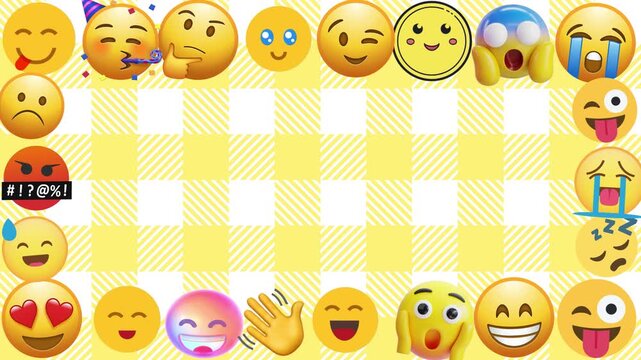 Animated Emoji Faces Moving Over Yellow Checkered Background