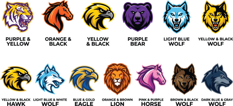 Esports gaming sports team mascot logo collection featuring wild animal and bird head vector illustrations