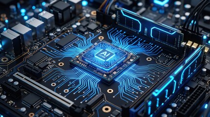 Fototapeta premium Futuristic AI neural processor chip glowing on motherboard, artificial intelligence core, advanced computer hardware technology, digital data processing unit, cyber security