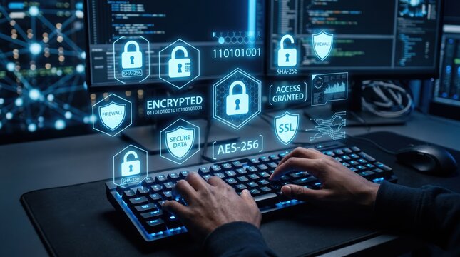 Hands typing on keyboard with holographic encryption icons, cybersecurity interface showing AES-256, SSL, firewall and access granted symbols, secure data transfer and privacy