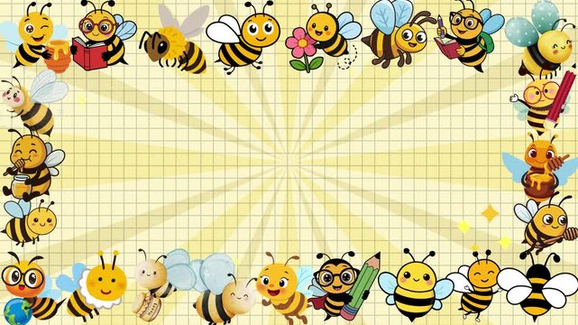 Animated cartoon bee character engaged in school activities