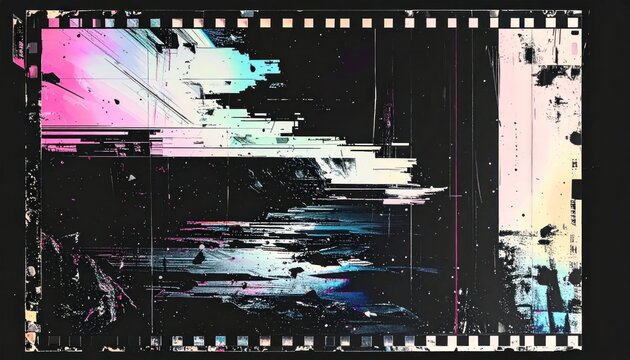 Abstract digital glitch art within a film strip frame.