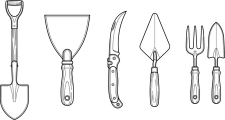 Gardening hand tools vector line icon set featuring shovel putty knife folding pocket knife trowel and hand fork © MstBabli