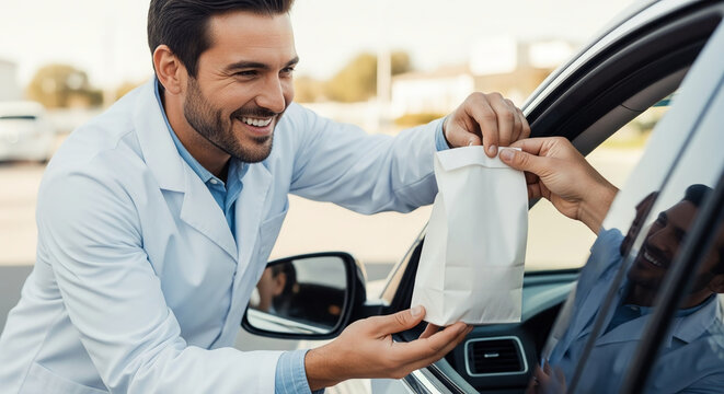 Smiling male pharmacist in white coat providing curbside delivery of medicine in a paper bag to a customer in a car at a drive-thru pharmacy service.