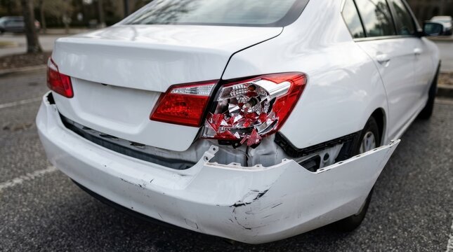 Damaged white car with broken taillight and dented rear bumper parked in parking lot after accident