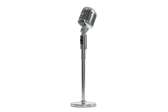 A tall silver vintage microphone on a slender metal stand with a circular base, presented on a white background, for clear studio use