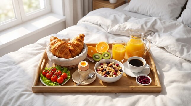 Realistic healthy breakfast served on an elegant wooden breakfast tray placed on a soft white bed, featuring freshly baked golden croissants, a boiled egg in an egg cup, a bowl of wholesome muesly 