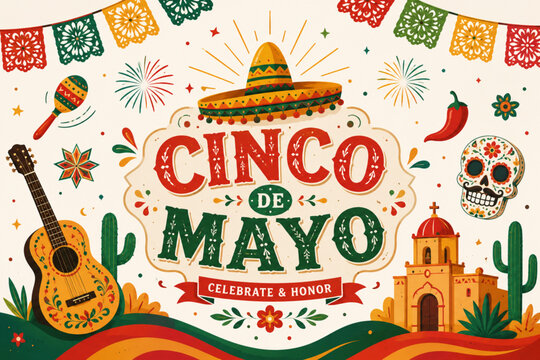 Festive Cinco de Mayo 2026 vector illustration banner with Mexican folk art elements and decorations. Festive Mexican pattern background. Great for cards, posters, banners and social media.
