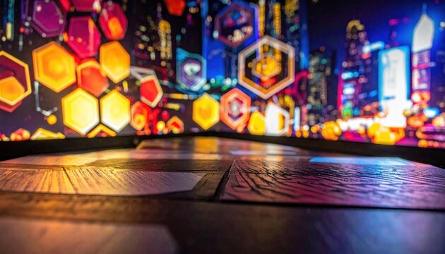 Abstract digital stage background with glowing orange neon hexagons.