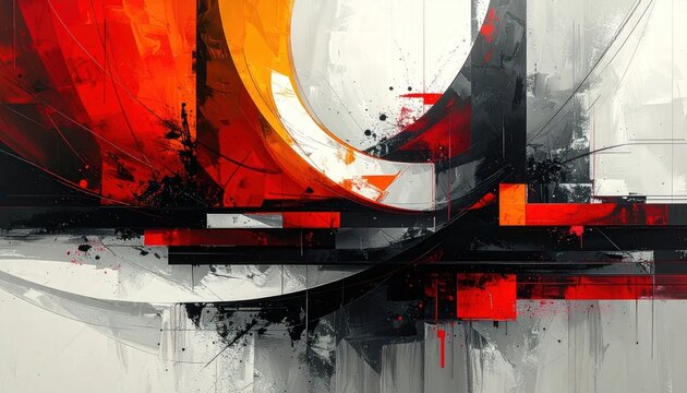 Abstract dynamic geometric art with bold red and black strokes.