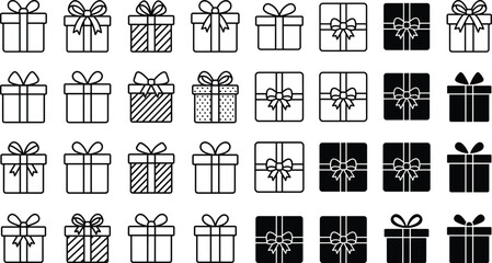 Fototapeta premium Gift box present vector line icon set featuring patterned striped dotted closed birthday celebration packages with decorative ribbons