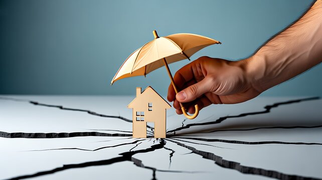 House protected by umbrella on cracked ground with earthquake insurance concept