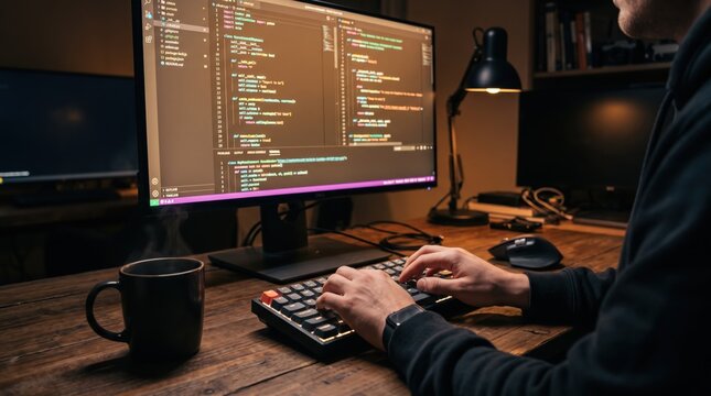 Programmer coding software development on computer screen, web application design, backend frontend programming, IT professional working late night, coffee cup on desk
