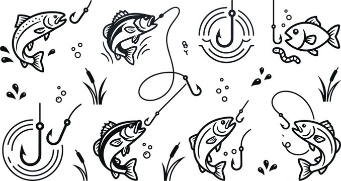 Fishing and Angling Line Icon Vector Set featuring Salmon catching Bait, Fish Hooks, and Reeds for Fisherman Club Badges, Outdoor Sports Apparel, and Equipment Branding