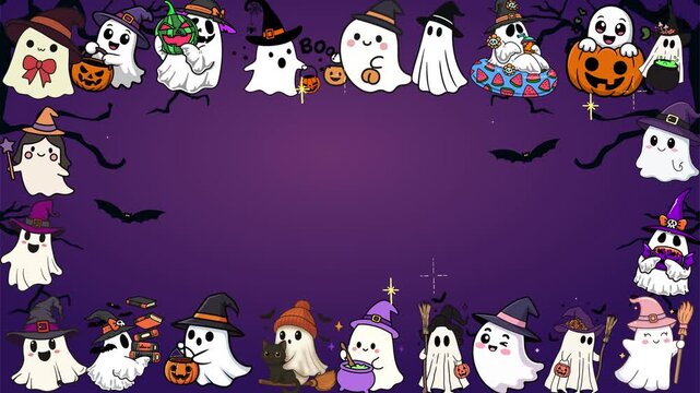 Cute animated ghosts parade for Halloween celebration