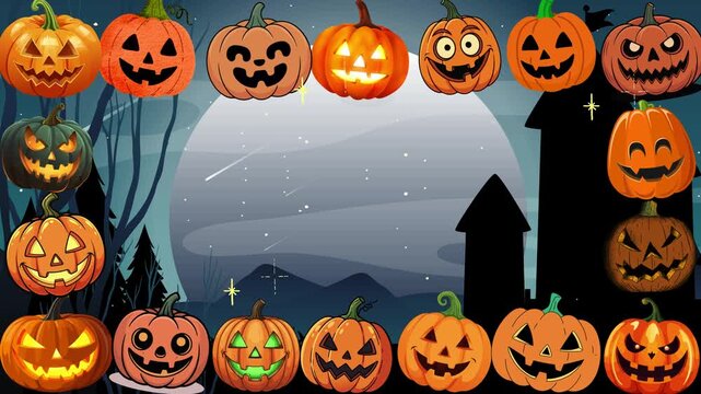 Halloween animation of glowing jack-o-lanterns around a haunted house