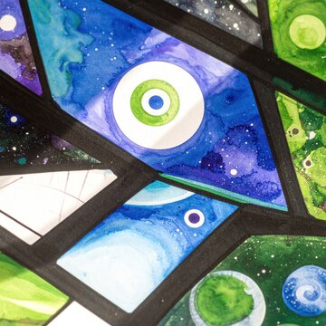 Abstract eye illustration with galaxy and planet patterns.