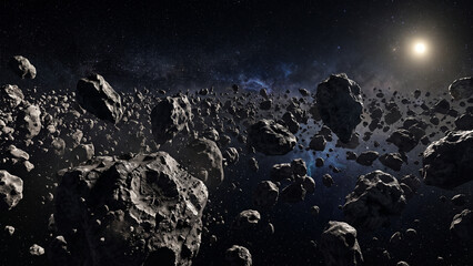 Rocky Asteroid Belt in Outer Space with Dramatic Cosmic Background © Chetaktic Project