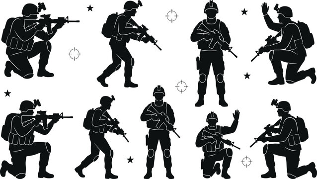Special Forces Soldier Silhouette Vector Set featuring Tactical Armed Commandos, Military Infantry Squad Positions, and Combat War Icons for Army Graphic Designs