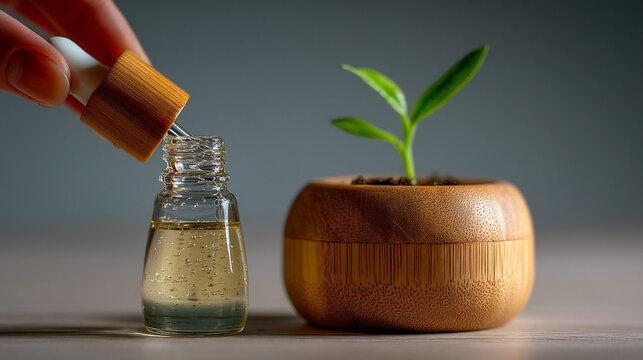 Essential oil drop from a pipette into a small wooden planter with a sprout