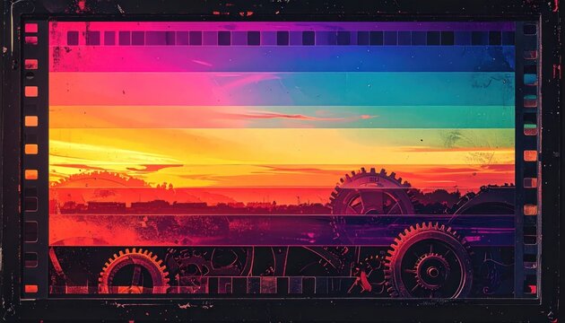 Abstract film frame with mechanical gears and sunset.