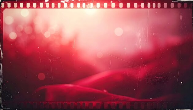 Abstract film frame with red bokeh and grain.