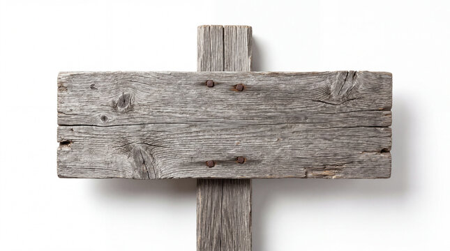 Weathered wooden cross with rustic texture and nail details on white background for religious design or spiritual symbolism