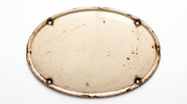 Vintage oval enamel sign with cracked surface and rusted mounting holes for retro branding or industrial design