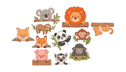 Cute baby animals peeking set with lion koala sloth panda fox and monkey vector illustration © Moner