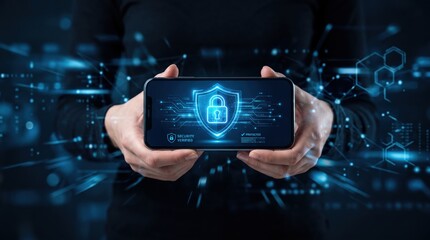 Fototapeta premium Person holding smartphone with digital security shield icon, cyber protection concept for mobile banking and online safety verification