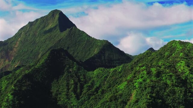 Mountain Peaks of Teahupo'o Tahiti Ito Volcano French Polynesia aerial drone vibrant sunny afternoon South Pacific Island Mount Ronui Aorai Orohena Vaiau River Valley Tara Huhurahi Ridge circle left