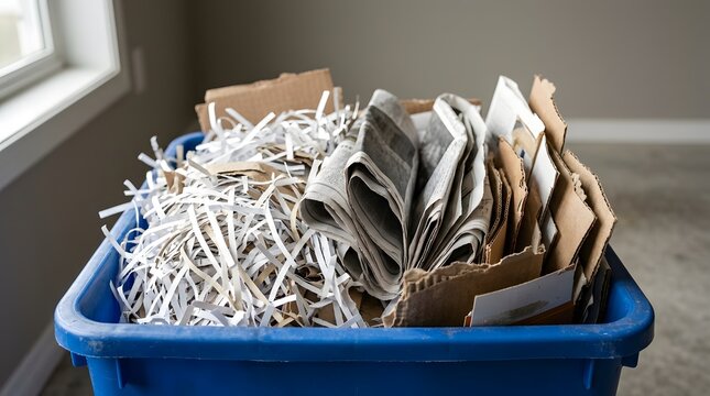 Blue recycling bin filled with shredded paper and cardboard scraps
