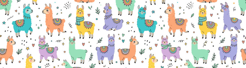 Obraz premium Cute Cartoon Llamas Seamless Pattern