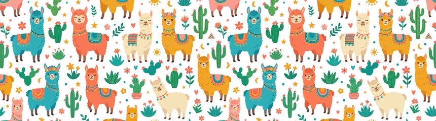 Cute Llamas and Cacti Seamless Pattern © turus