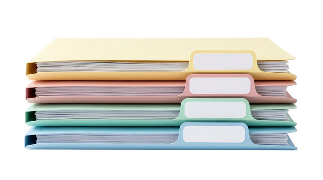 Pastel colored file folders with blank white tabs, stack of office document folders for organization, colorful paper stationery on white background