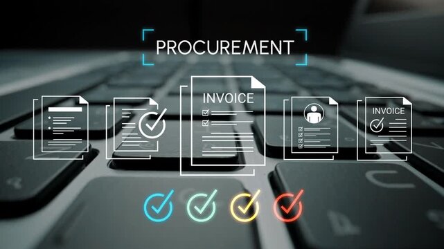 Procurement Process On Keyboard With Illustrative Invoice Papers And Checkmarks Representing Efficient Document Management In Business Operations Gluon.