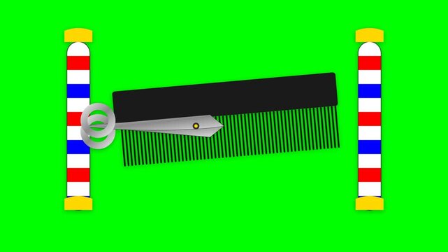 Animated Barber Scissors Cutting Black Comb Between Classic Barber Poles on Green Screen Chroma Key Background for Hair Salon, Grooming, Hairstylist, and Video Editing Overlay