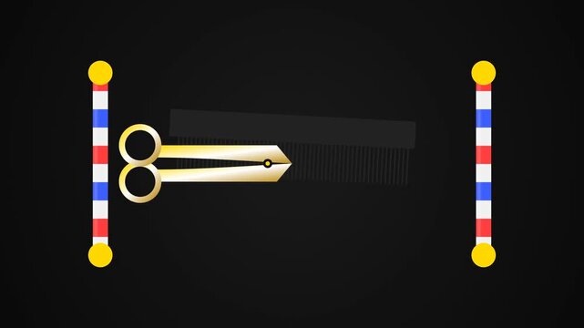 Animated Barber Scissors Cutting Black Comb Between Classic Barber Poles on Green Screen Chroma Key Background for Hair Salon, Grooming, Hairstylist, and Video Editing Overlay
